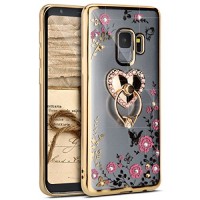 PHEZEN Galaxy S9 Case Luxury Ring Kickstand Shockproof Glitter Floral Cute Slim Bling Diamond Girls Protection Soft Flexible Clear Silicone Bumper Cover for Samsung Galaxy S9 Gold Love Ring - B07DQB9VP3